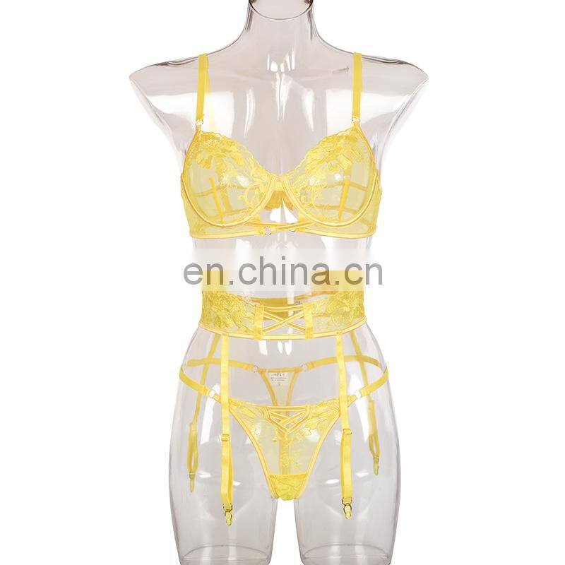 Lace See through Lingerie with Steel Ring Gathered Push up Bra Sexy Bra and Panties Sets