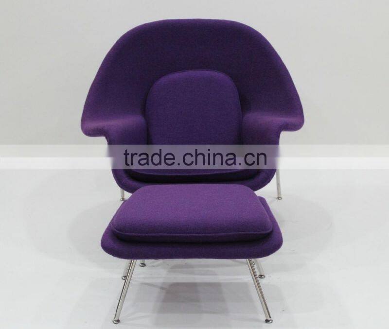 replica relaxing fiberglass materail stainless steel frame wool fabric womb chair with ottoman by Eero Saarinen