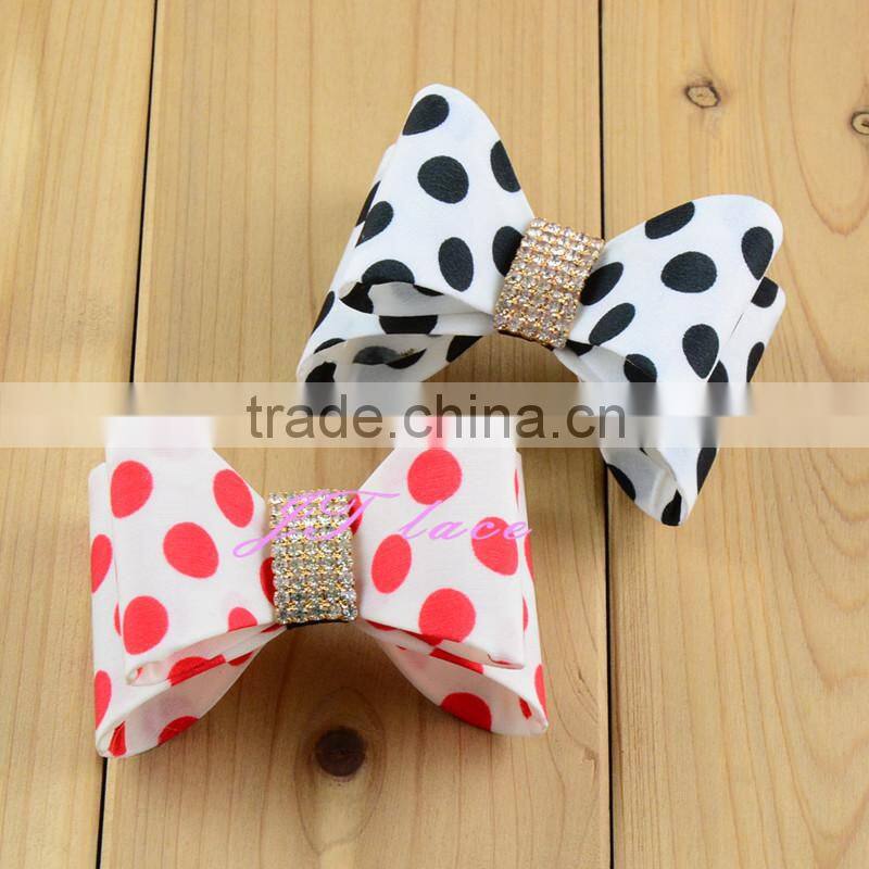 Navy/Hot pink dot and red/yellow dot hair bow rhinestone centre decorate