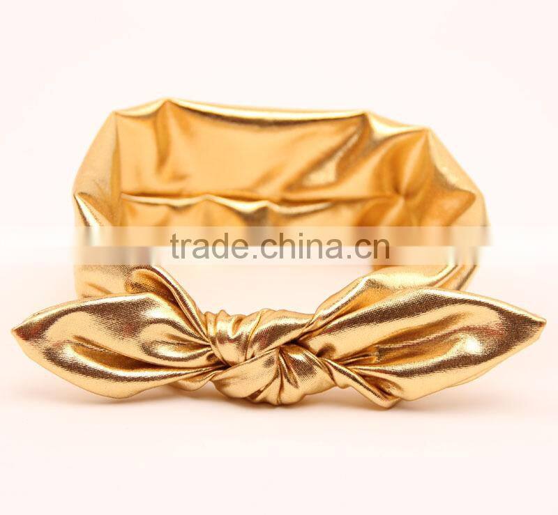 Baby gold knotted headwrpas,metallic bunny ears messy hair bow headband in stock