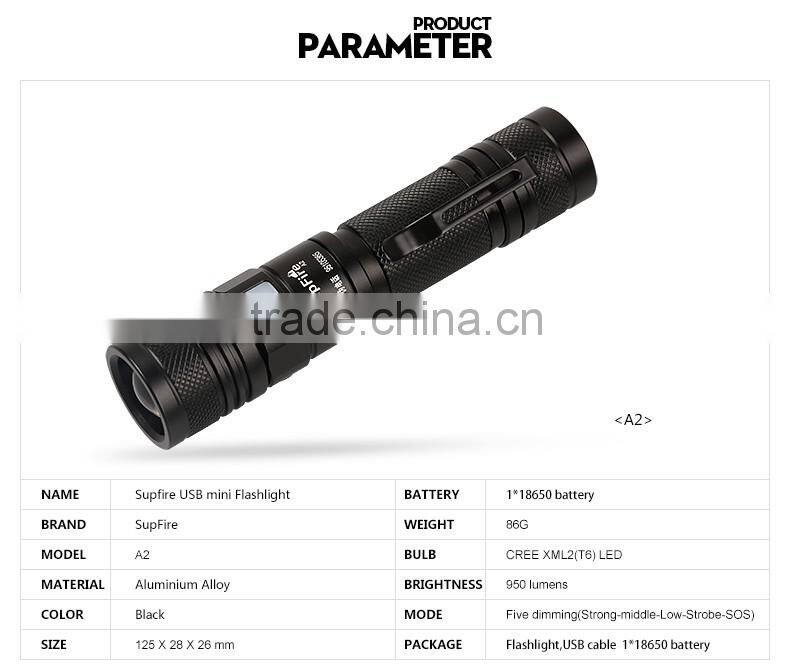 SupFire A2 USB flashlight T6 LED torch focusing flash light
