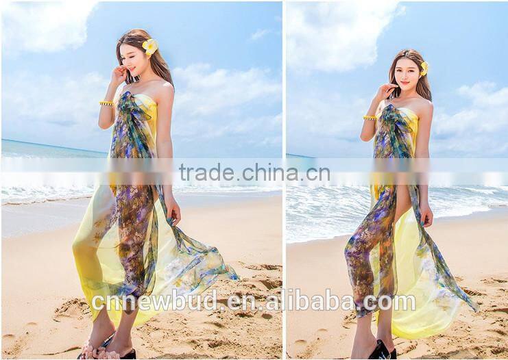Hot selling 2015 lastest design imitated silk yellow beach holiday scarf