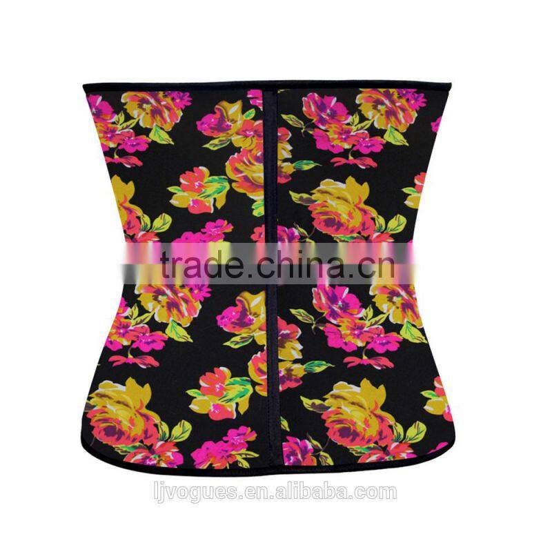 Floral Pattern Printing Latex Corset 9 Steel Bones Underbust Waist Cincher Front Open Training Bustier