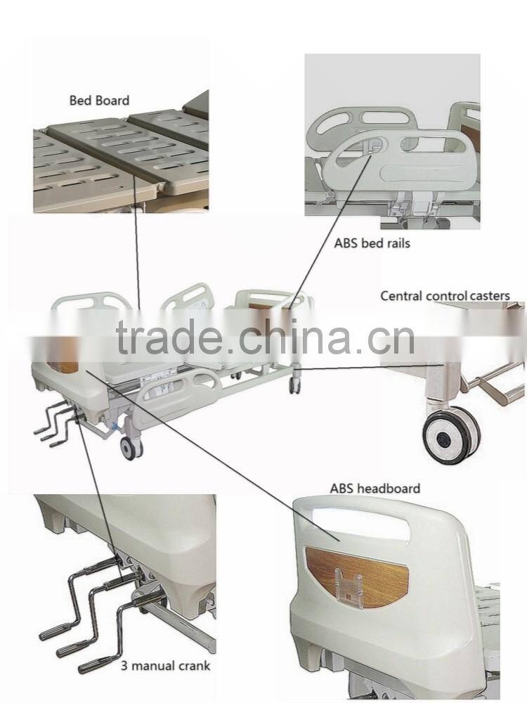 Height Adjustable 3 Manual Hospital Bed With Aluminum Side Rails