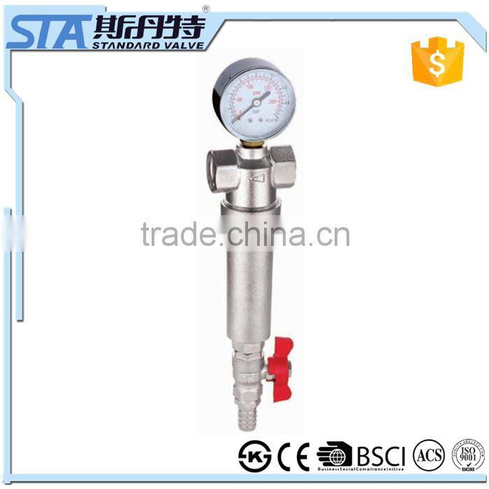 ART.5073 Household 1/2" forged body natural color sand blast brass sediment pre water filter with gauge meter for the pipeline