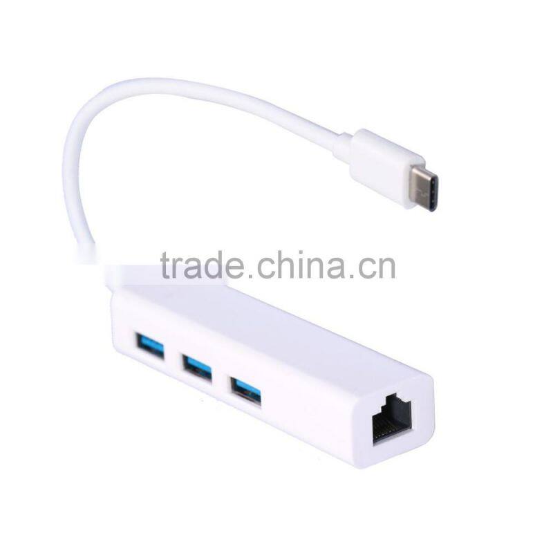 3 in 1 USB 3.1 Type C Male to Female 3 Port USB 3.0 Hub with RJ45 100M Gigabit Ethernet Network Lan Port Adapter for Macbook