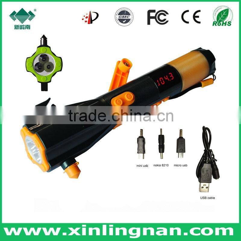 Car flashlight with safety hammer & emergency kit in auto & high power charger