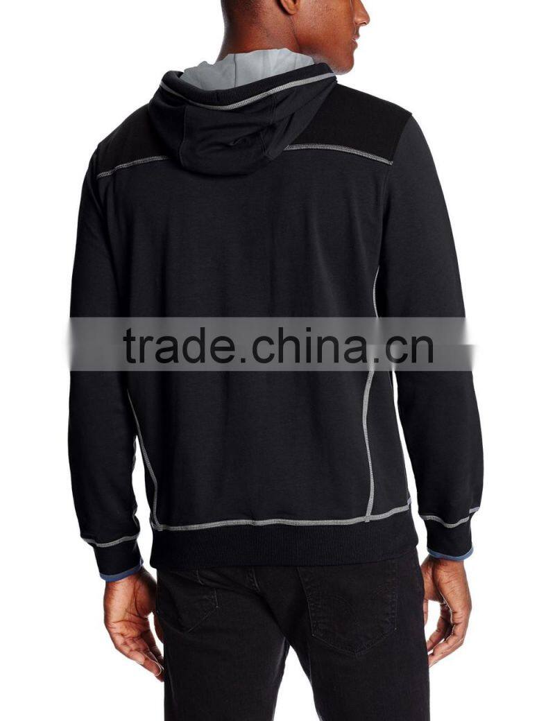 Oem fleece with drawstring rib hem and pockets black casual pullovers men cut and sew stone wash hoodie