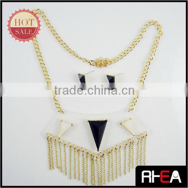 Multi Gold Chain Tassel Acrylic Necklace and Stud Earring Jewelry set