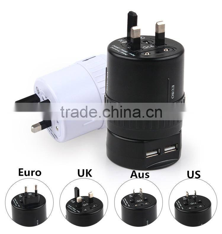 360-Degree Rotating 2 usb Universal Travel Adapter with Zipper Pouch Bag