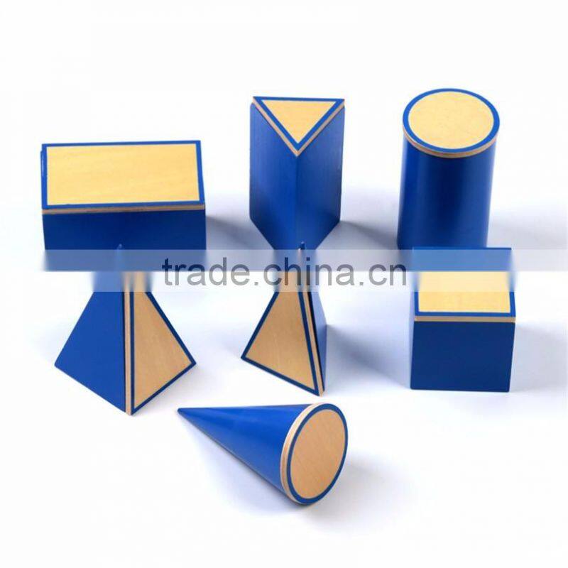 Wooden educational baby toy Montessori Geometric Solids with Stands Bases and Box