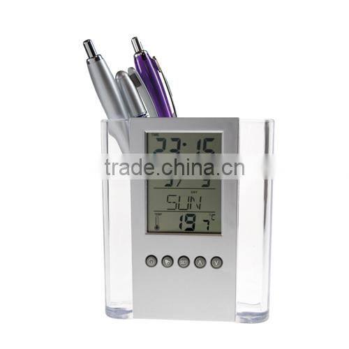 Hot pen holder table clock with calendar with high quality