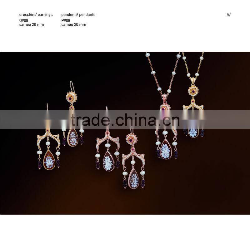 Wholesale 925 Sterling Silver Elegant Middle East Handmade Cameo with Pearl Earrings Made in Italy O908 cameo 20mm