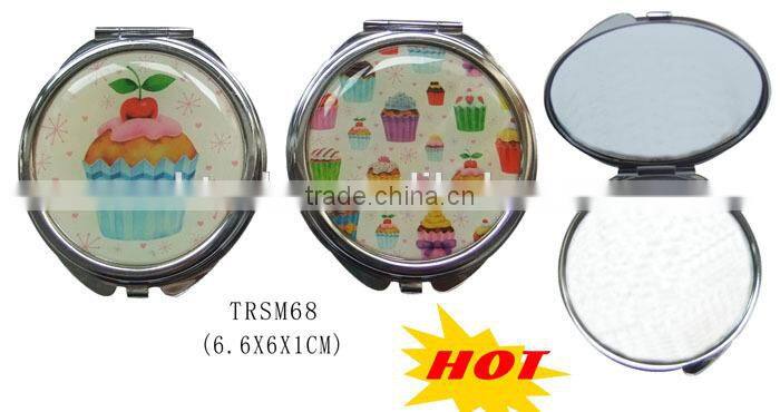 Metal round shape two sided epoxy sticker logo pocket make up mirror