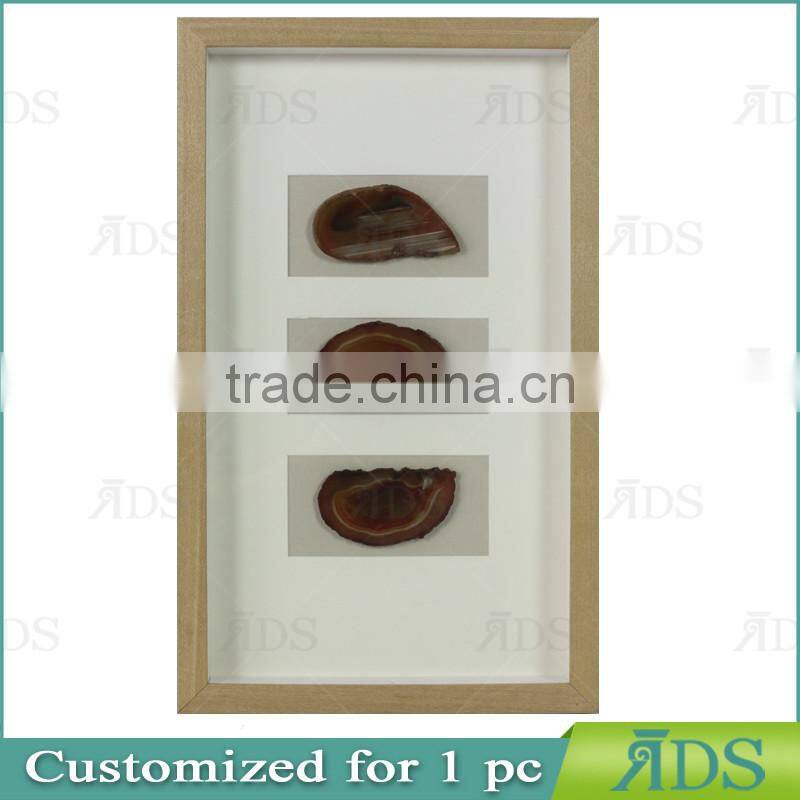 Solid Wood Shadow Box Frames With A Light Gray Wash and Encasing Slabs Of Colorful Agate Stone Under Glass