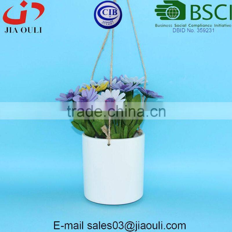 Glazed White Hemp Rope Ceramic Hanging garden pot
