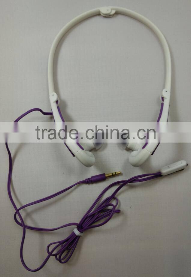 behind-the-neck fitness earphones with volume control and clothing clip