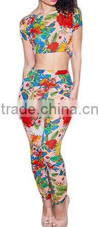 new women summer custom artistic floral print Romper and jumpsuit Women's two piece crop top and pants set