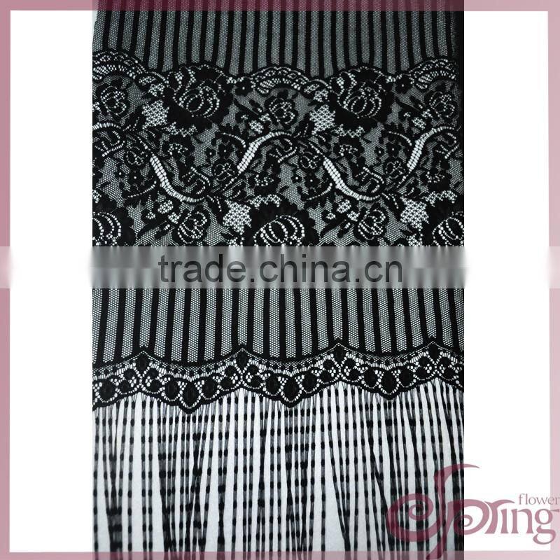 Black roset tricot fabric lace with tassel fringe, fashion swiss lace for dress