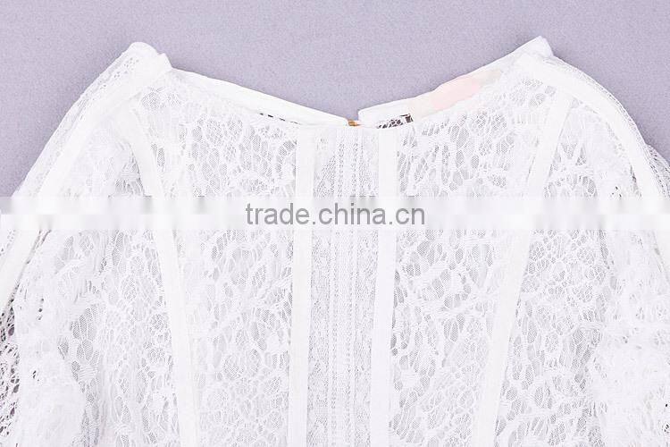 2014 Mesh Stitching Long Sleeve Lace Round Neck High Street Dress Irregular Little Black Evening Wedding Dress