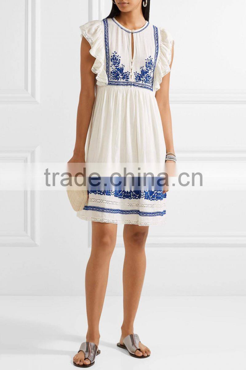 Boho crochet-trimmed computerized machine embroidery cotton-gauze mini dress western dresses names HSd5260