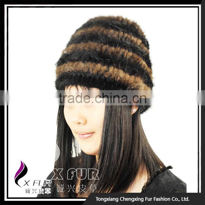 CX-C-36F Cheap Fur Hat Striped Knitted Women Mink Fur Hats