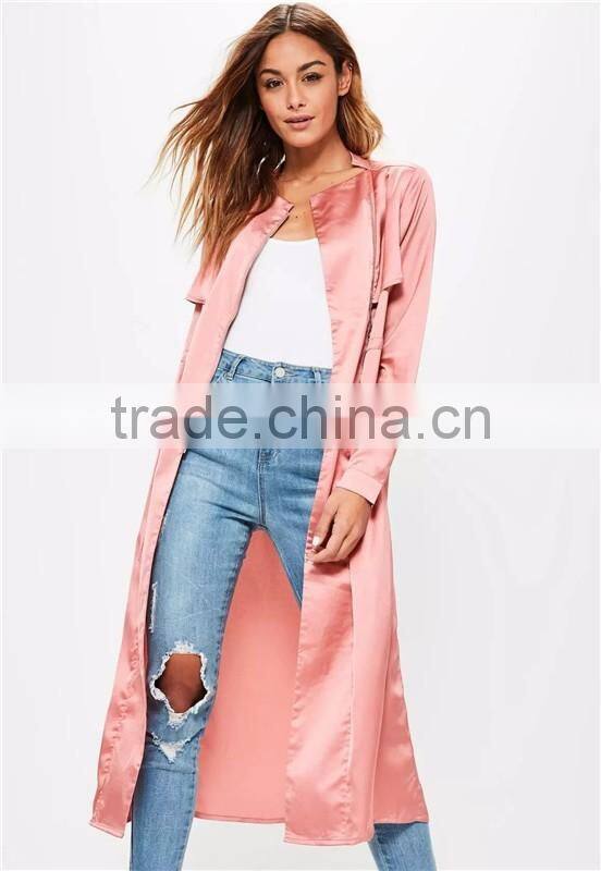 MGOO 2017 New Design Manufacturer Custom Satin Long Jackets Summer Beach Cardigan Pink Duster Jackets