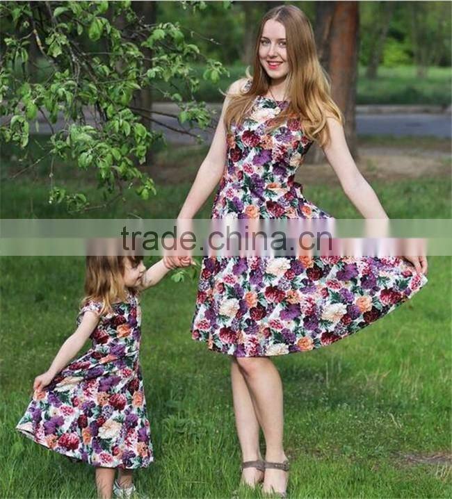 2017 fall boutique mommy and me clothing sleeveless floral printing mother daughter matching dress