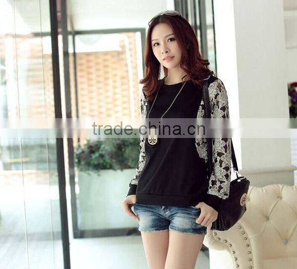 Korean style slim round neck long batwing sleeve women lace stitching plus size blank t-shirt