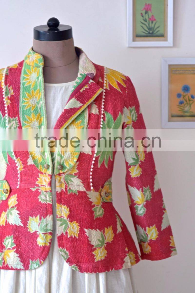 Handmade Vintage Kantha Boho Jacket in One of a Kind Fuschia & Green Print ~ Small