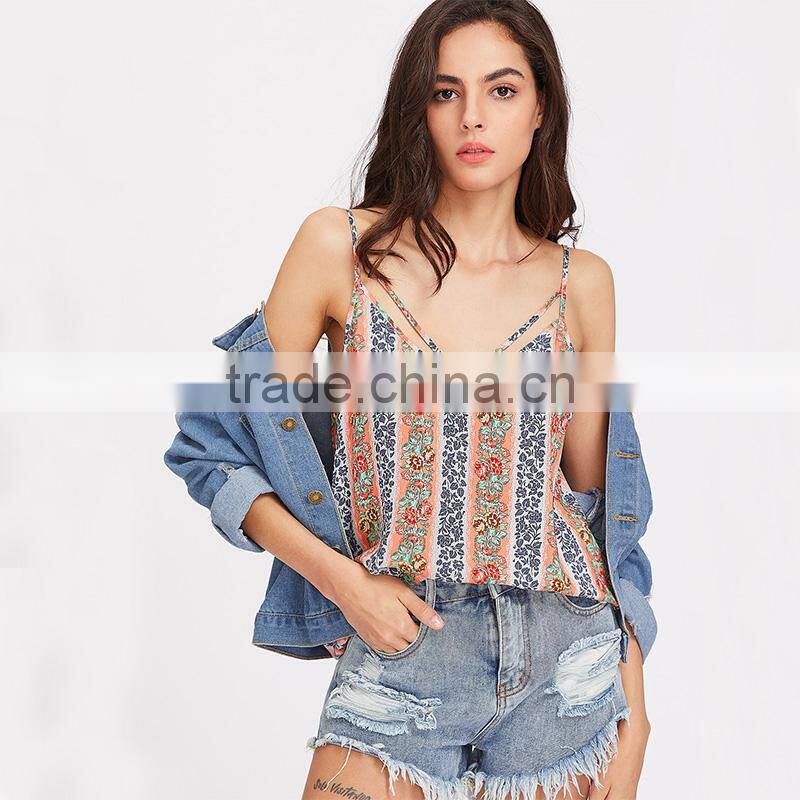 Fashion Floral striped double V-neck top, ladies sexy cami top