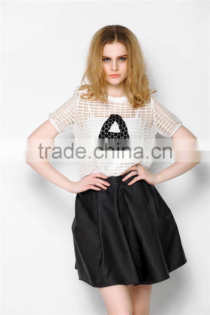 hollow out net designed sports style latest summer fashion women blouses elegant, lace embroidery blouse