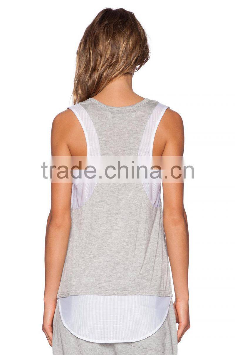 contrast mesh trim throughout shirttail tank tops
