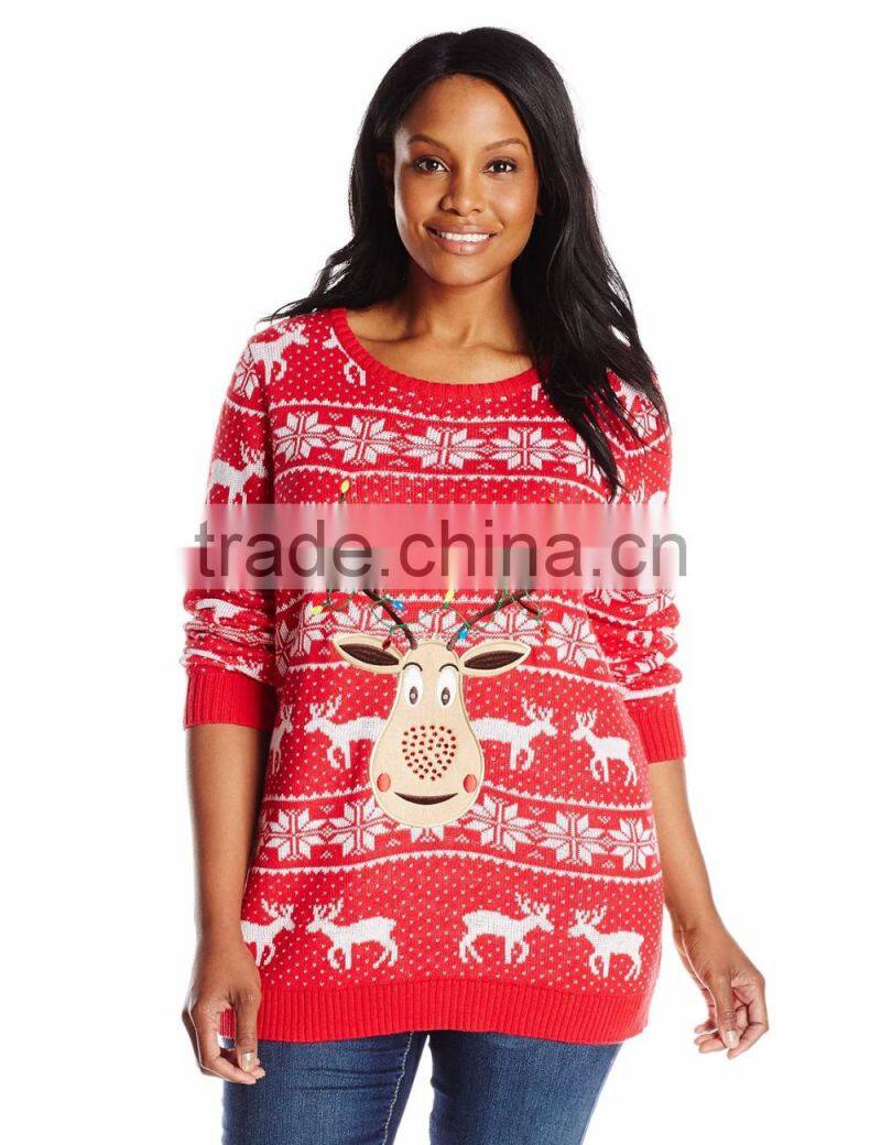 Women Red Sweater Smile Reindeer Pattern Christmas Jumpers With Lights