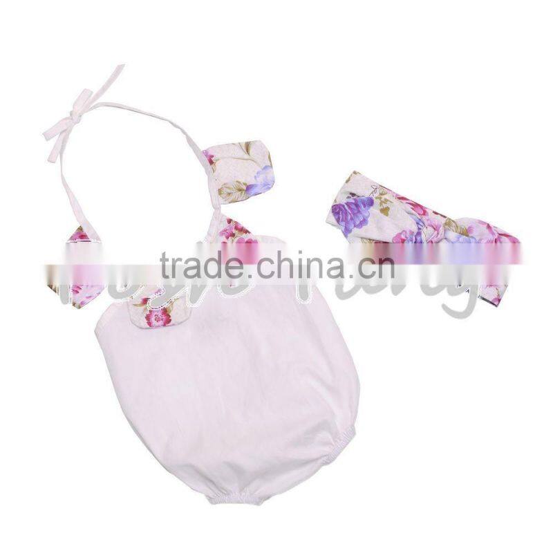 Wholesale Floral print romper hot selling costumes baby romper 100% cotton summer jumpsuit with headband