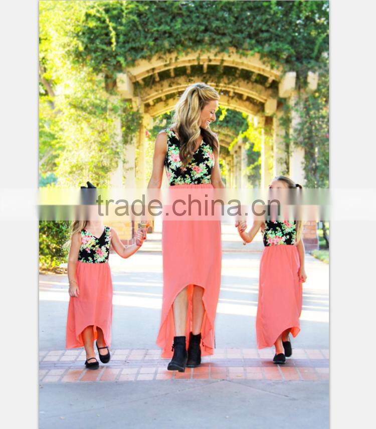 Western Style Women Maix Dress Printing Stitching Mother Daughter Matching Dress