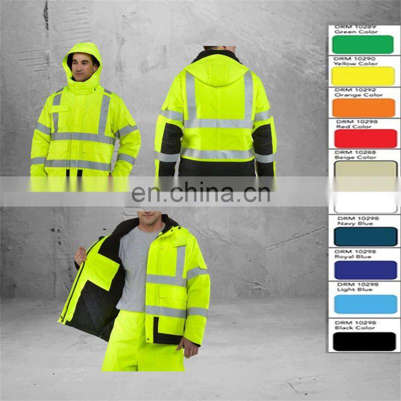 Hi vis reflective safety rain men jacket long waterproof rain jackets with fixed hood