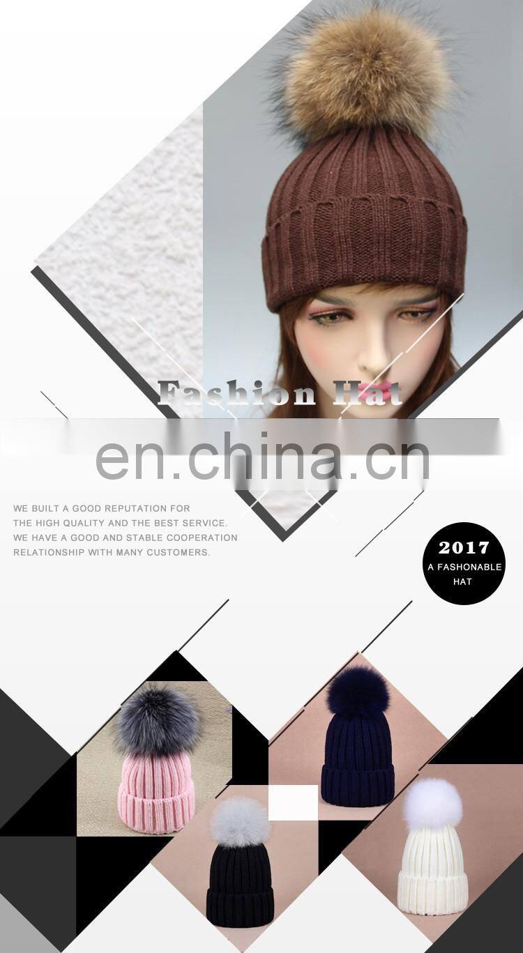 Wholesale latest UK style acrylic crochet hat with raccoon fur poms knit hat