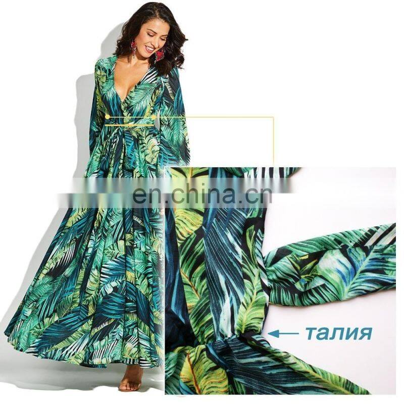 Ladies sexy holiday dress irregular floral print bohemian dress deep V big swing beach dress plus size