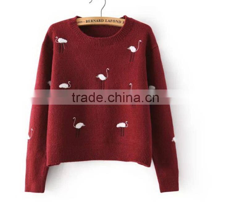 Warm long sleeve knitting wear swan embroided lady sweater pullover