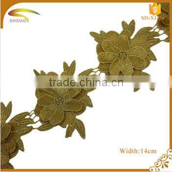 Big discount Metallic Gold Venise african guipure polyester lace trim wholesale for evening dress XJ142