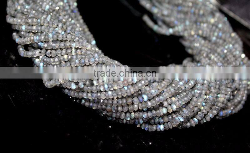 HANDMADE NATURAL BLUE FIRE LABRADORITE 3-4MM RONDELLE FACETED LOOSE BEADS STRAND