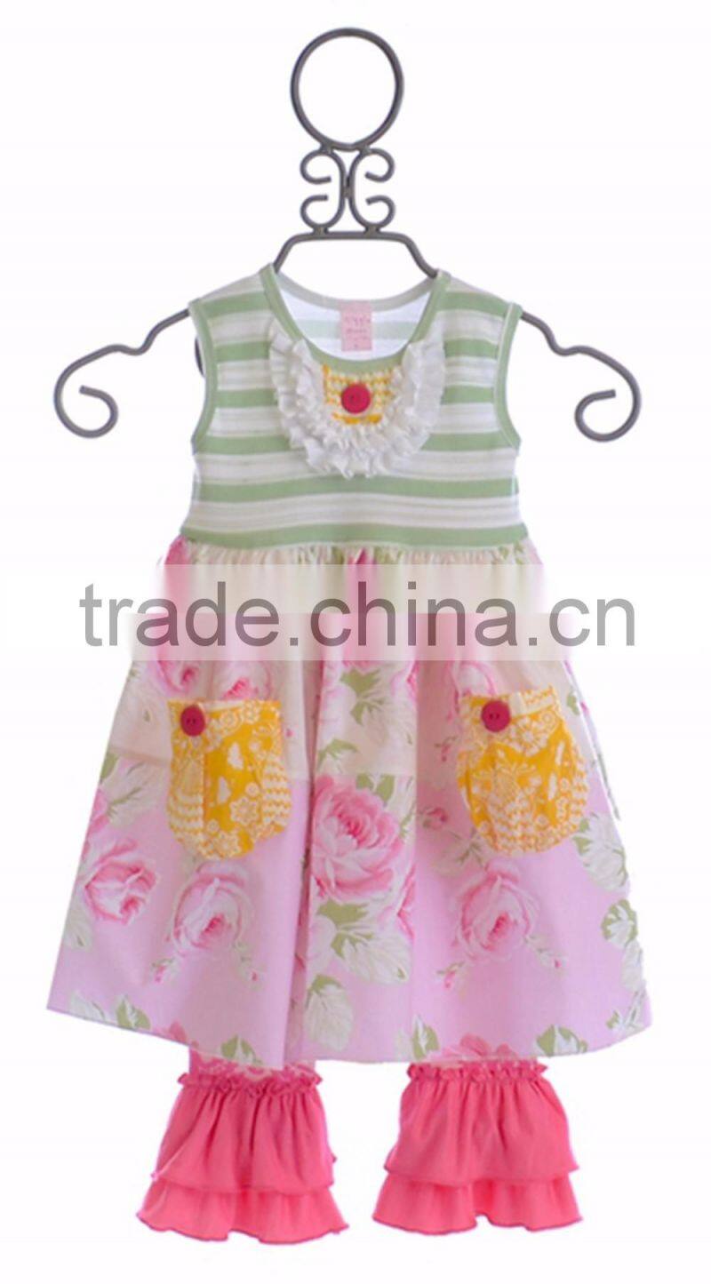 unique design fall winter 2pcs stripe ruffle boutique outfits with two pockets