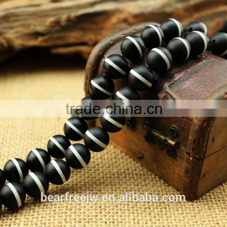Hot sale Natural White Line Black Matte Onyx tibetan agate gemstone Round Loose beads