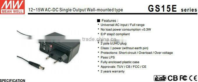 Meanwell 9v 1.66a adaptor/12~15W AC-DC Single Output Wall-mounted type