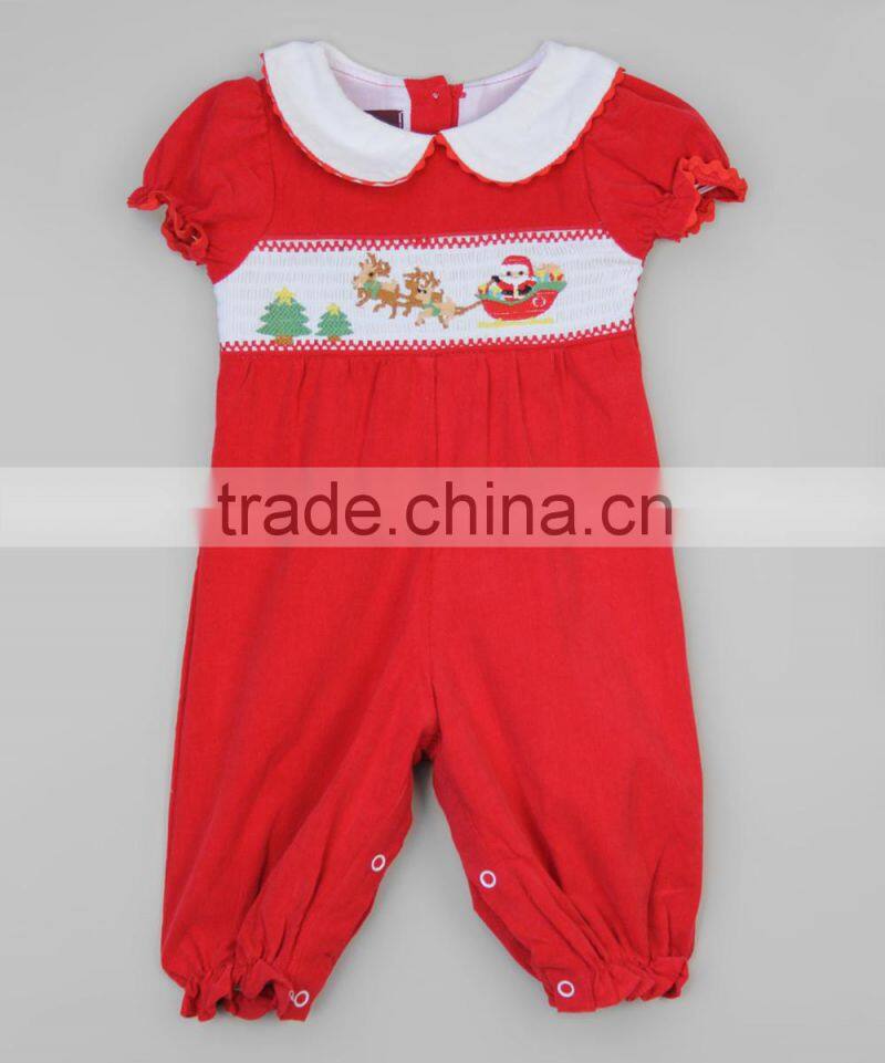 Newest Red Cotton Infant Playsuit Turndowm Baby Girl Jumpsuit Sleigh Smocked Corduroy Kids Clothing G-NPRR90628-30