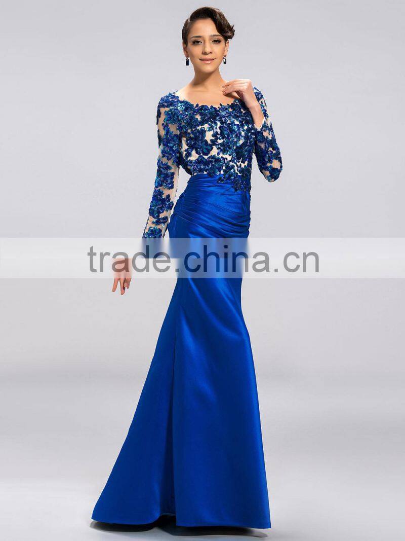 2015 Fashion Scoop Neck Sequin Appliques Long Sleeve Backless Satin Floor Length Mother of the Bride Dress (DVMD-2992)