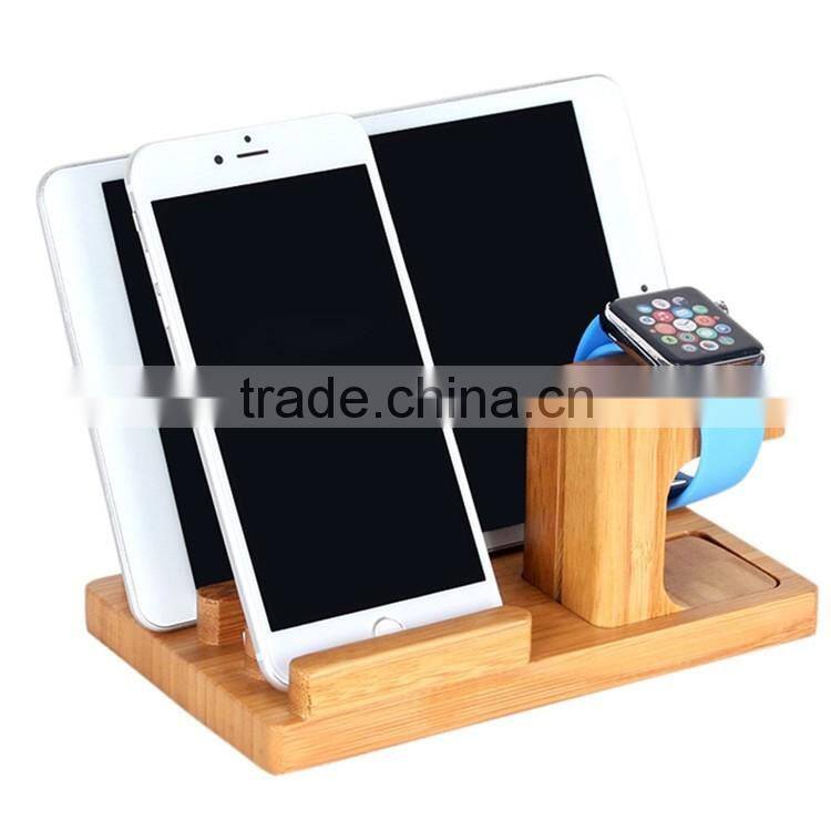 Bamboo Wood 3 in 1 Office Home Desk Cradle Holder with Phone Tablet Stand Wooden Holder