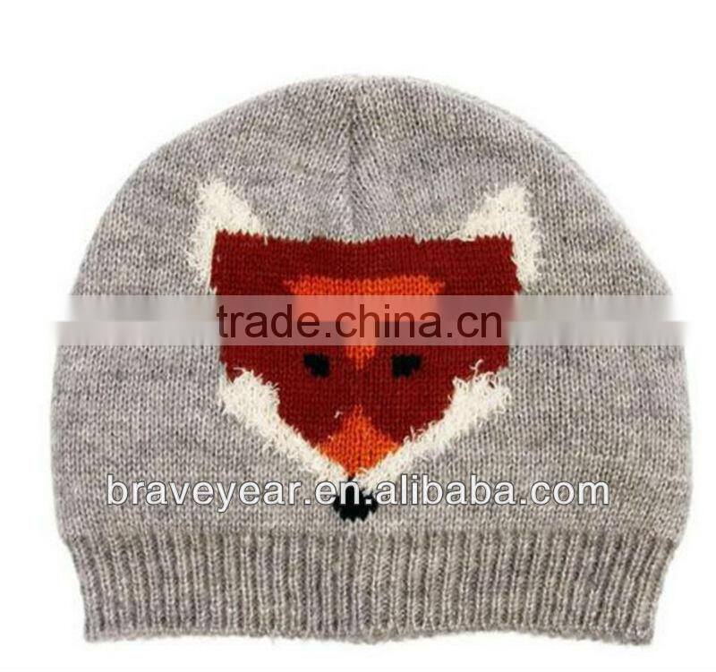 100% acrylic fox pattern knitted beanie hat for ladies