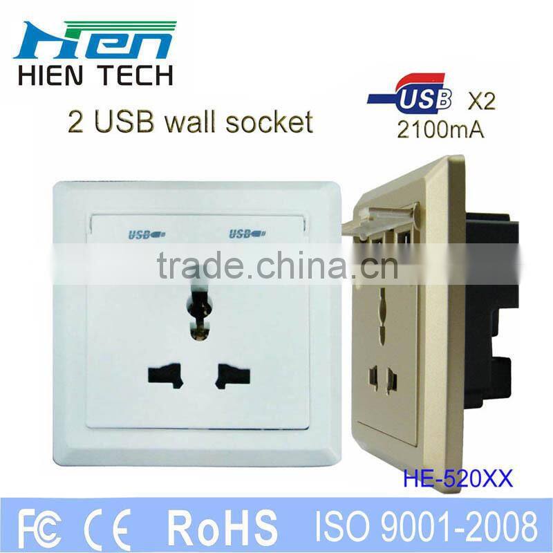 Multi plug 2-gang universal wall socket with dual usb ports